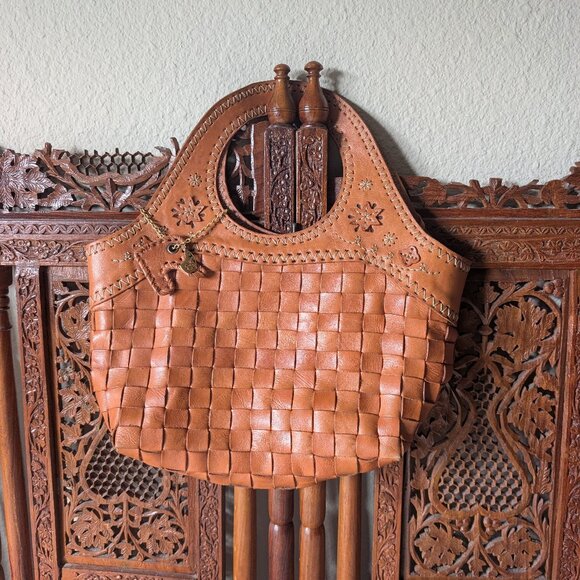 Tan, Boho Robita Applique Leather Medium Woven Moon Bag - Picture 1 of 4
